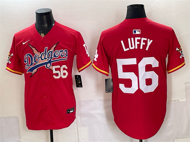 Men's Los Angeles Dodgers x One Piece #56 Luffy Red Vapor Premier Limited Stitched Baseball Jersey Men's Los Angeles Dodgers x One Piece #56 Luffy Red Vapor Premier Limited Stitched Baseball Jersey